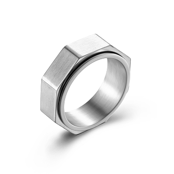 Plain Octagon Titanium Steel Rotating Finger Ring, Fidget Spinner Ring for Calming Worry Meditation, Stainless Steel Color, US Size 10(19.8mm)