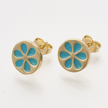 Brass Stud Earrings, with Enamel and Ear Nuts, Flat Round with Flower, Golden, Dark Turquoise, 9.5mm, Pin: 0.7mm