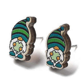 Printing Wood Stud Earrings for Women, with 316 Stainless Steel Pins, Gnome, Green, 16.5x8.5mm