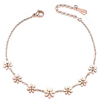 SHEGRACE Fabulous Stainless Steel Anklets, with Flowers and Lobster Claw Clasps(Chain Extenders Random Style), Rose Gold, 7-7/8 inch(20cm)