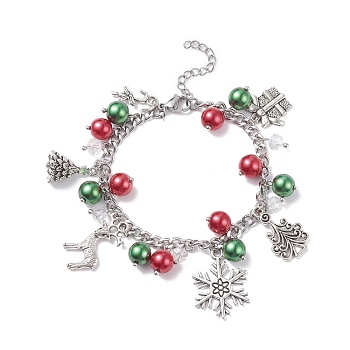 Christmas Gift Box & Tree & Snowflake & Reindeer Alloy Charm Bracelet with Glass Pearl, Christmas Bracelet with 304 Stainless Steel Curb Chain for Women, Antique Silver, 7-1/4 inch(18.5cm)