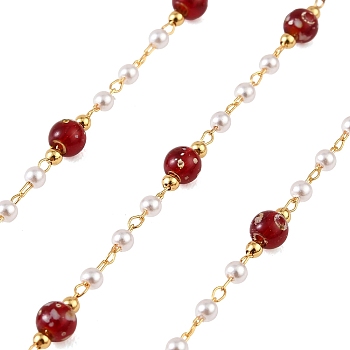 Handmade Brass Glass Beaded Chains, Round, with Round ABS Imitation Pearl Beads, Soldered, Dark Red, with Spool, Golden, 2~4mm