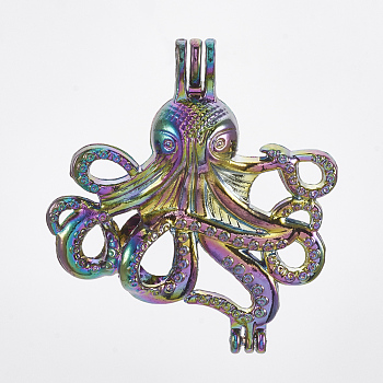 Plated Alloy Bead Cage Pendants, Octopus, Colorful, 36.5x33x12mm, Hole: 3x3.5mm, Inner Measure: 7.5mm