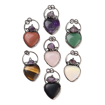 Natural & Synthetic Mixed Gemstone & Amethyst Big Pendants, Brass Heart Charms with Jump Rings, Red Copper, 55~57x32~33x9~11mm, Hole: 6.6mm