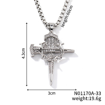 Brass Clear Cubic Zirconia Shiny Dagger Cross Pendant Box Chain Necklaces, Platinum, 23.62 inch(60cm)