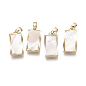 Brass Pendants, with Freshwater Shell, Nickel Free, Real 18k Gold Plated, Rectangle, Seashell Color, 18x9x3mm, Hole: 2x4mm