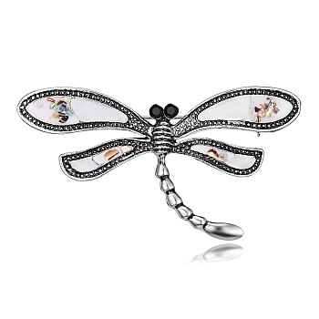 Alloy Pave Shell Dragonfly Brooch, with Rhinestone, Black, 25x22mm