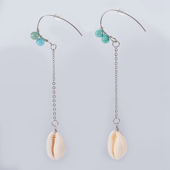 Cowrie Shell Dangle Earrings, with Synthetic Turquoise Beads and 304 Stainless Steel Findings, Plastic Earring Ear Nuts, Turquoise, 80~82mm, Pin: 0.8mm