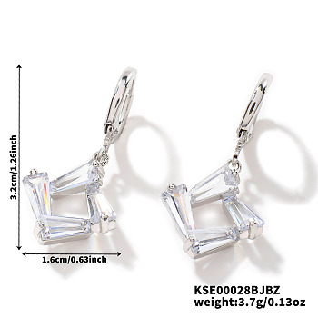 Chic Minimalist Geometric Brass Clear Cubic Zirconia Rhombus Hoop Earrings, Elegant Hollowed-Out Colorful Ear Accessories, Silver, 32x16mm