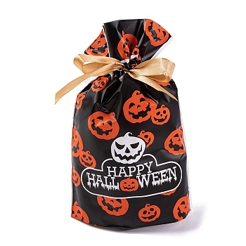 50Pcs Rectangle Halloween Candy Plastic Bags, Pumpkin Printed Candy Drawstring Bags, Black, 23.2x14.9x0.05cm