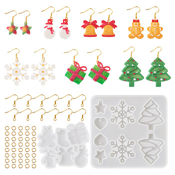 Pandahall 2Pcs 2 Style Christmas Snowman & Bell & Tree & Star Pendant Silicone Molds, with 100Pcs Iron Earring Hooks & 100Pcs Jump Rings, for DIY Earring Makings, White, 52x59x4mm, 101x107x5mm, 1Pc/style