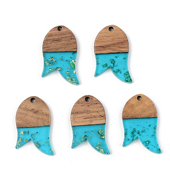 Transparent Resin & Walnut Wood Pendants, with Gold Foil, Fish, Dark Turquoise, 28x18x3mm, Hole: 2mm