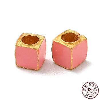 Matte Gold Color 925 Sterling Silver Beads, with Enamel, Square, Pink, 5x5x5mm, Hole: 3mm