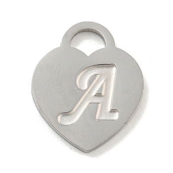 304 Stainless Steel Pendants, Laser Cut, Heart with Letter Charm, Stainless Steel Color, Letter A, 15x12x1mm, Hole: 3x3.5mm