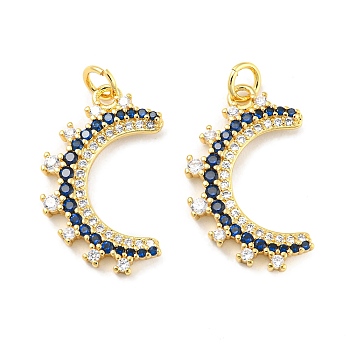 Rack Plating Brass Micro Pave Cubic Zirconia Pendants, with Jump Ring, Long-Lasting Plated, Lead Free & Cadmium Free, Moon Charm, Real 18K Gold Plated, 24x14.5x2mm, Hole: 3.2mm