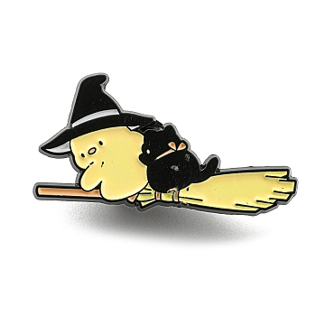 Animal Magician on the Broom Enamel Pins, Black Alloy Brooches for Backpack Clothes, Duck, 16x32x1.5mm