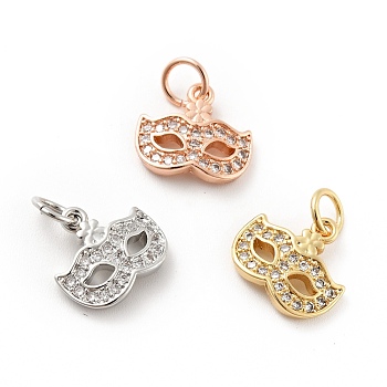 Mask Brass Micro Pave Clear Cubic Zirconia Charms, with Jump Rings, Cadmium Free & Lead Free, Mixed Color, 10x11.5x2.5mm, Hole: 3.6mm