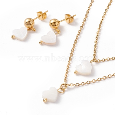 Synthetic Shell Heart Pendant Double Layer Necklaces and Dangle Stud Earrings(SJEW-F217-03B-G)-2