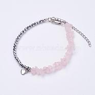 Natural Rose Quartz Bracelets, with Electroplate Non-magnetic Synthetic Hematite Beads, 316 Surgical Stainless Steel Heart Charms, Platinum, 7-1/8 inch(180mm), 1strand/box(BJEW-JB03221-01)