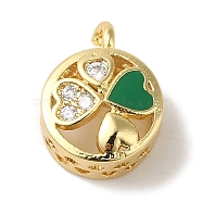 Rack Plating Brass Micro Pave Clear Cubic Zirconia with Enamel Pendant, Cadmium Free & Lead Free, Long-Lasting Plated, Round with Clover, Real 18K Gold Plated, 13x10.5x6mm, Hole: 1.5mm and 6mm (KK-P267-16G)