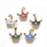 Brass Micro Pave Cubic Zirconia Pendants, with Enamel, Crown with Evil Eye, Golden, Mixed Color, 16.5x18.5x2.5~3mm, Hole: 4x3mm(KK-K234-06)