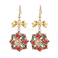 Christmas Theme Flower Glass Seed Beaded Dangle Earrings for Women, with Alloy Bowknot Findings, Golden, 56.5x26mm(EJEW-MZ00205)