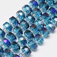 Electroplate Glass Beads Strands, Rainbow Plated, Faceted, Flat Round, Royal Blue, 5~6x4mm, Hole: 0.5mm, about 100pcs/strand, 23.62 inch(EGLA-Q083-6mm-A02)