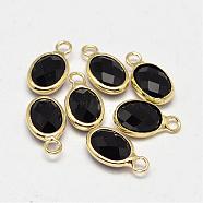 Oval Faceted Golden Tone Brass Glass Charms, Black, 12x7x3.5mm, Hole: 1mm(GLAA-O015-20G)