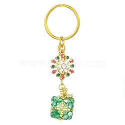 Christmas Woven Glass Keychains, with Iron Split Key Rings and Alloy Enamel Charms, Gift Box, Lime Green, 8cm(KEYC-MZ00017-03)