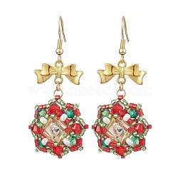 Christmas Theme Flower Glass Seed Beaded Dangle Earrings for Women, with Alloy Bowknot Findings, Golden, 56.5x26mm(EJEW-MZ00205)