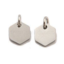 Non-Tarnish 304 Stainless Steel Charms, with Jump Ring, Laser Cut, Hexagon Charm, Stainless Steel Color, 8x8x1mm, Hole: 3mm(STAS-P356-01P)