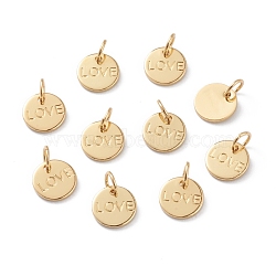 Brass Charms, Long-Lasting Plated, with Jump Rings, Flat Round with Word Love, for Valentine's Day, Real 18K Gold Plated, 8.5x1mm, Jump Ring: 5x1mm, Inner Diameter: 3mm (KK-A149-01G)