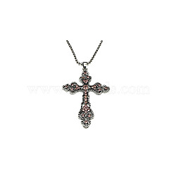 Cross Zinc Alloy Pendant Necklace, with Rhinestone, Light Padparadscha, 27.56 inch(70cm)(NF8765-01)