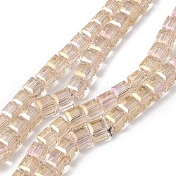 Transparent Electroplate Glass Beads Strands, Faceted, Cube, AB Color Plated, Pink, 7x7x7mm, Hole: 1.2mm, about 99~100pcs/strand, 27.17~27.95 inch(69~71cm)(EGLA-F155-AB01)