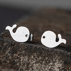 304 Stainless Stee Whale Stud Earrings for Women, Stainless Steel Color, 7x10mm(EJEW-TAC0015-17P)