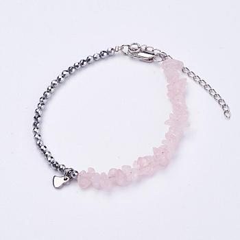 Natural Rose Quartz Bracelets, with Electroplate Non-magnetic Synthetic Hematite Beads, 316 Surgical Stainless Steel Heart Charms, Platinum, 7-1/8 inch(180mm), 1strand/box