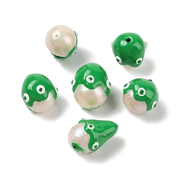 Natural Pearl Enamel Beads, Hand Drawn Beads, Potato with Evil Eye Pattern, Green, 15.5~18x13.5~15x13.5~15mm, Hole: 0.8mm