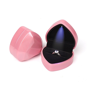 Heart Shaped Plastic Ring Storage Boxes, Jewelry Ring Gift Case with Velvet Inside and LED Light, Pink, 7.15x6.4x4.35cm