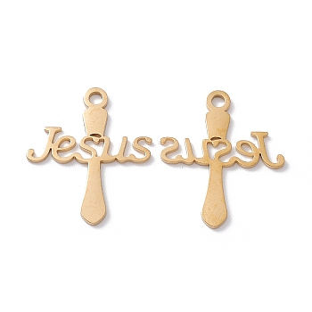 Vacuum Plating 304 Stainless Steel Pendants, Cross with Word Jesus, Golden, 20.5x17.5x0.5mm, Hole: 1.8mm