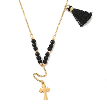 Golden Tone 304 Stainless Steel Cross Pendant Necklaces, Plastic Beads Rosary Bead Necklaces with Tassel for Women, Black, 17.24 inch(43.8cm)