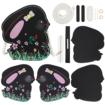 DIY Cute Rabbit-shaped Crossbody Bag Making Kits, including PU Fabric, Cotton Thread, Imitation Pearl Bag Strap and Alloy Findings, Black, Finished: 18x16x6cm