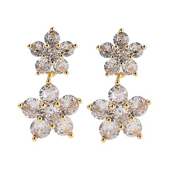 Rack Plating Flower Brass Stud Earrings, with Clear Cubic Zirconia, Cadmium Free & Lead Free, Long-Lasting Plated, Real 18K Gold Plated, 21.5x12mm