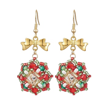 Christmas Theme Flower Glass Seed Beaded Dangle Earrings for Women, with Alloy Bowknot Findings, Golden, 56.5x26mm