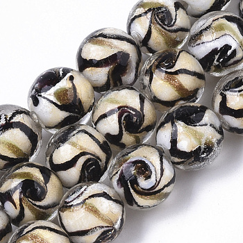 Handmade Gold Sand Lampwork Beads Strands, Round, Black, 11.5~12.5x11~12mm, Hole: 1.2mm, about 45pcs/Strand, 20.08 inch