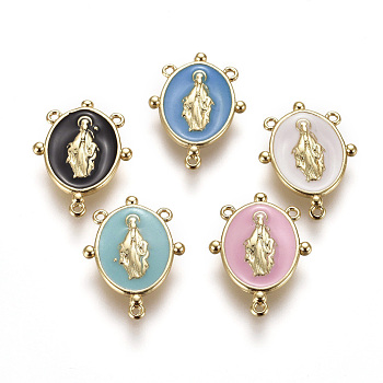 Golden Plated Brass Chandelier Component Links, with Enamel, Oval with Virgin Mary, Mixed Color, 17.5x13x2mm, Hole: 0.8mm