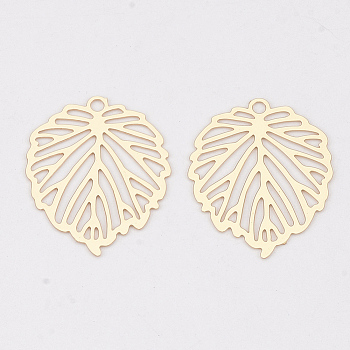 Brass Pendants, Etched Metal Embellishments, Long-Lasting Plated, Leaf, Light Gold, 22x17.5x0.3mm, Hole: 1.5mm
