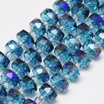 Electroplate Glass Beads Strands, Rainbow Plated, Faceted, Flat Round, Royal Blue, 5~6x4mm, Hole: 0.5mm, about 100pcs/strand, 23.62 inch