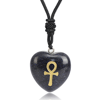 Synthetic Blue Goldstone Heart Engraved AnKh Cross Pendant Personalized DIY Necklaces