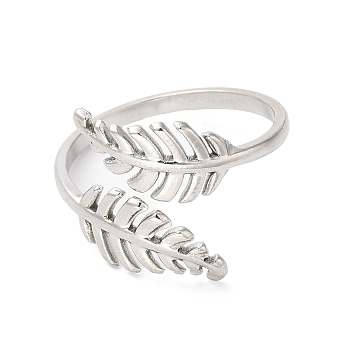 304 Stainless Steel Leaf Open Cuff Ring for Women, Stainless Steel Color, US Size 8 1/2(18.5mm)