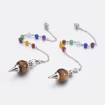 Natural Tiger Eye Sphere Dowsing Pendulums, with Mixed Stone and Brass Findings, Chakra, Round, Platinum, 240~245mm